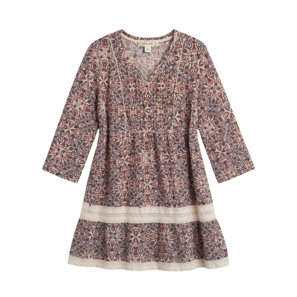 Mimi Chica Womens Boho Floral Lace Peasant V Neck Dress XL Red Navy Cream